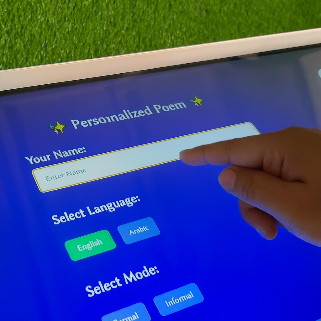 Young Emirati guest using AI Poem Generator kiosk in Dubai, creating personalized Arabic or English poem with instant printout and event branding